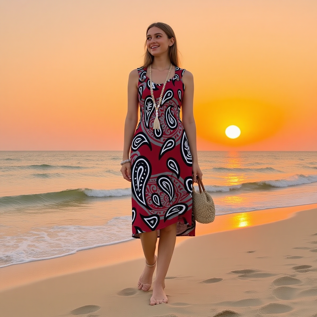 Women in Maroon Paisley Dress enjoys a stroll on the beach.