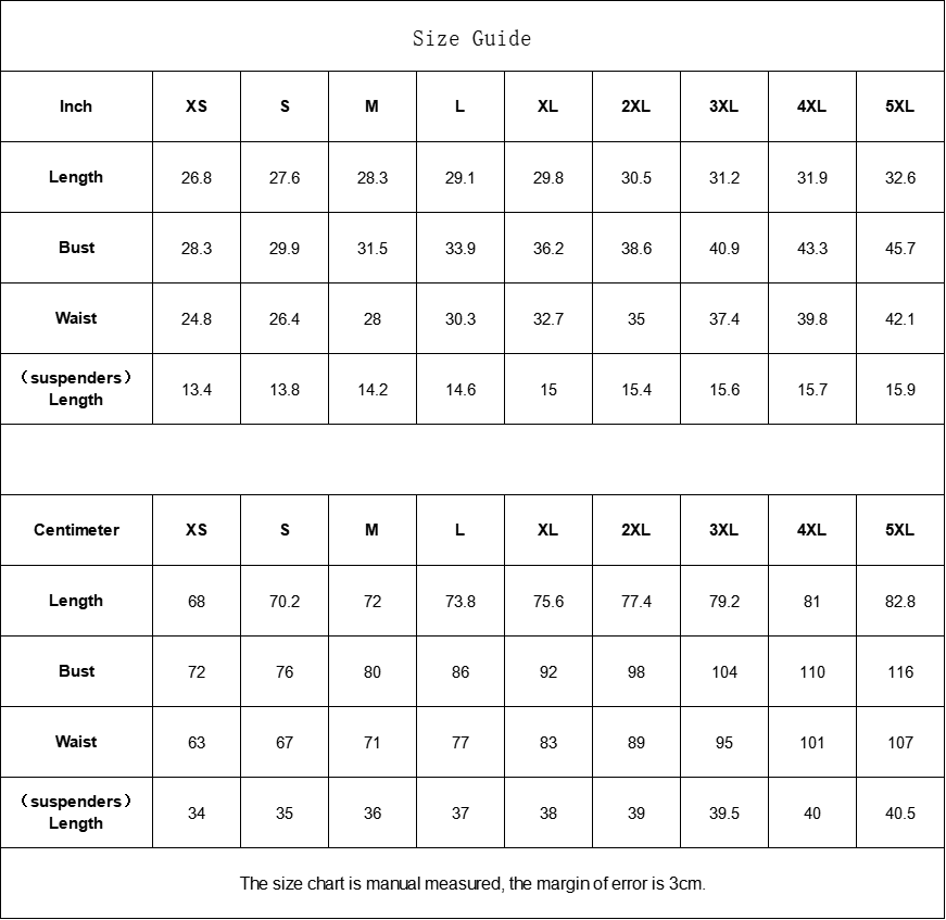 Size chart for clothing measurements in inches and centimeters with a margin of error indicated.