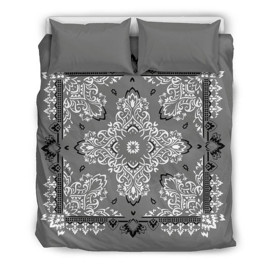 D2 Duvet Cover Set - Gray Black White Bandana w Shams