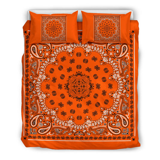 D4 Duvet Cover Set - Bright Orange Traditional Bandana w Shams