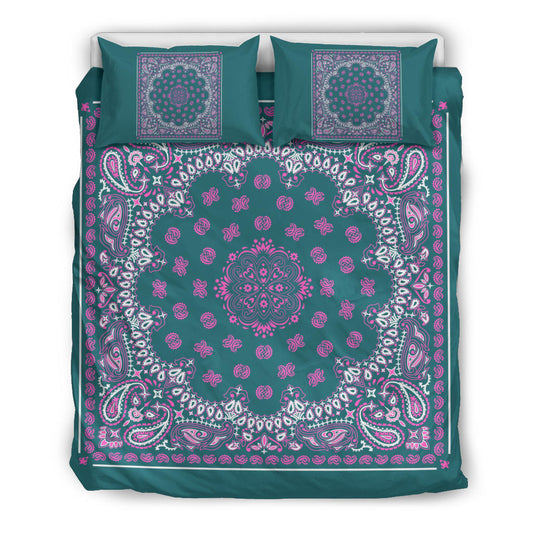 D4 Duvet Cover Set - Pine and Pink Bandana w Shams