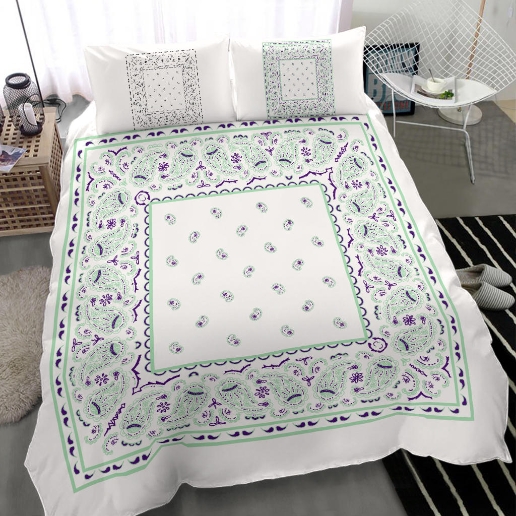 Duvet Cover Set - White and Minty Green Bandana