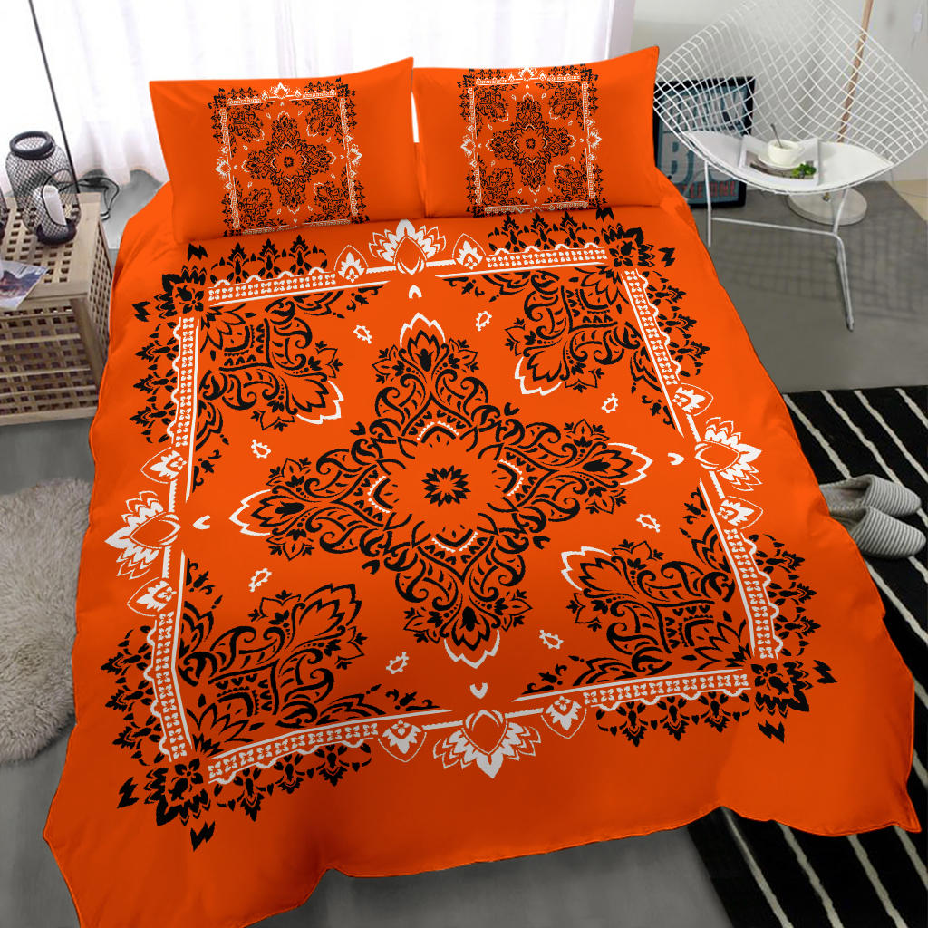 D2 Duvet Cover Set - Traditonal Bandana Bright Orange w Shams