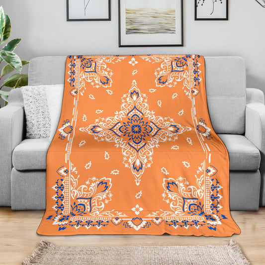 Ultra Plush 3 White/Blue on Orange Bandana Throw Blanket