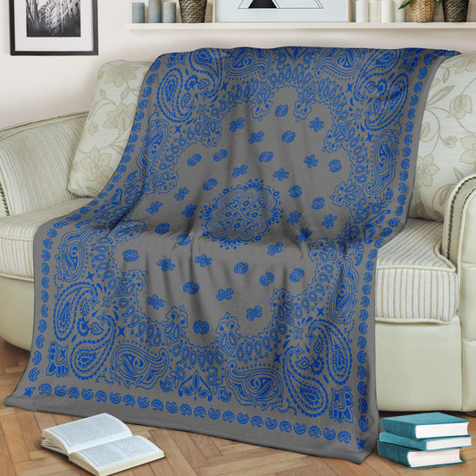 Ultra Plush 2 Cobalt on Gray Bandana Throw Blanket