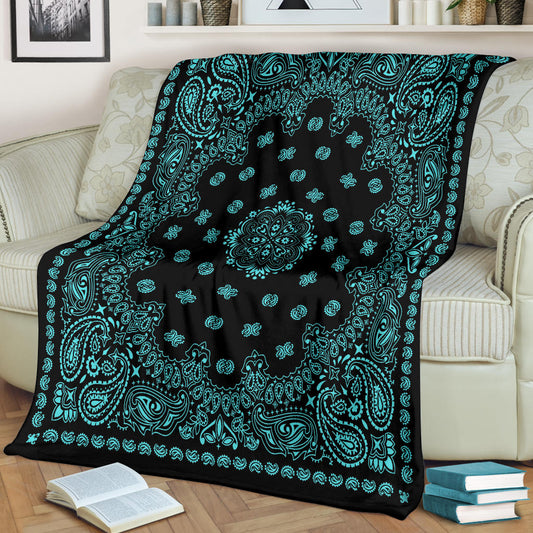 Ultra Plush 2 Lt Teal on Black Bandana Throw Blanket