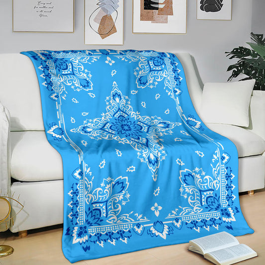 Ultra Plush 3 White and Blue on Lt Blue Bandana Throw Blanket