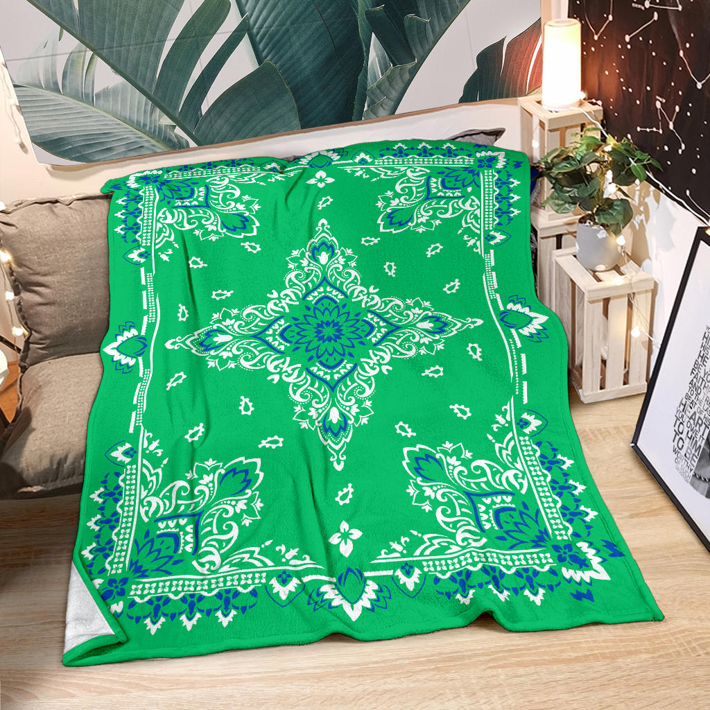 Ultra Plush 3 Blue White on Green Bandana Throw Blanket