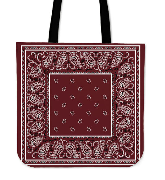 burgundy red tote bag with bandana print