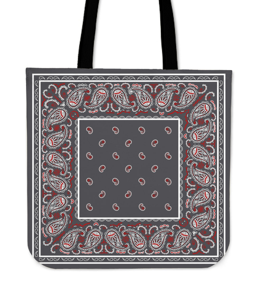 gray and red bandana tote