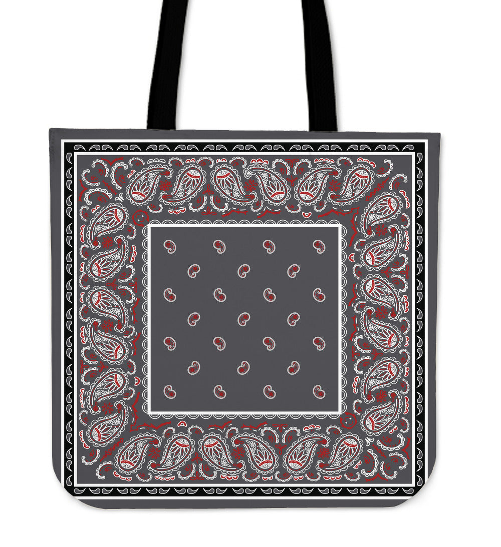 gray red and black bandana tote bag