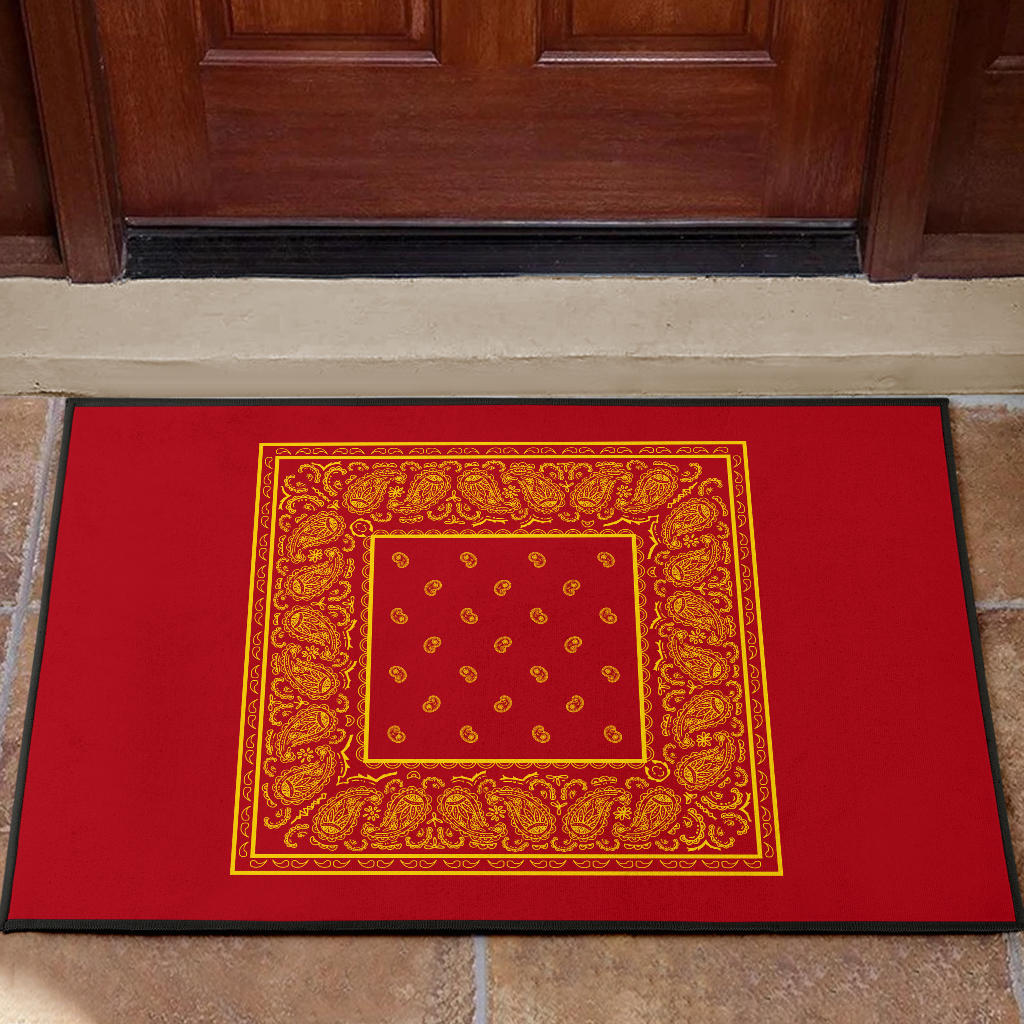 red and gold bandana welcome mat