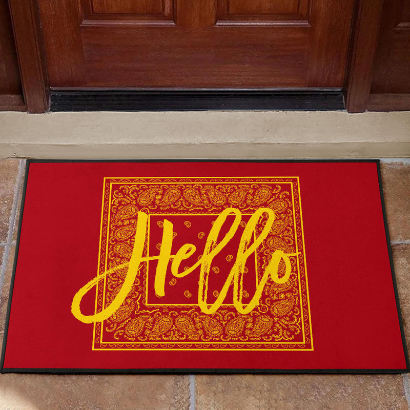 red and gold bandana welcome mat