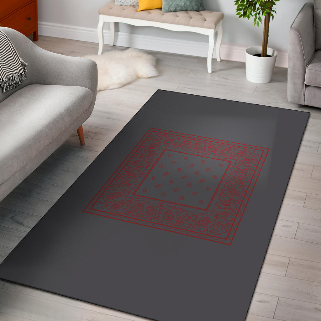 gray and red area rug