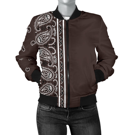 Asymmetrical Coffee Brown Bandana Women's Bomber Jacket