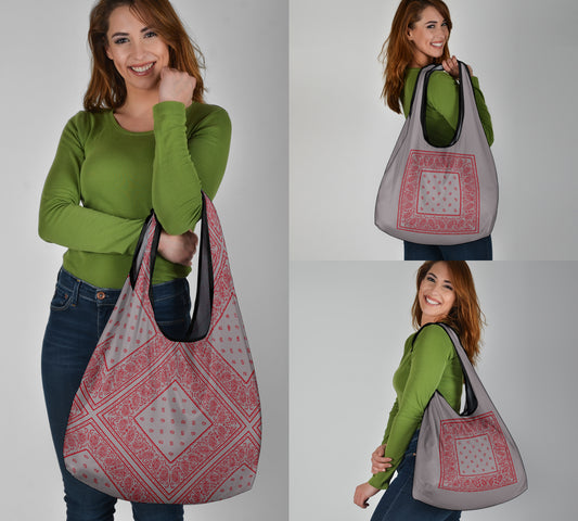 gray and red bandanas shopping bags