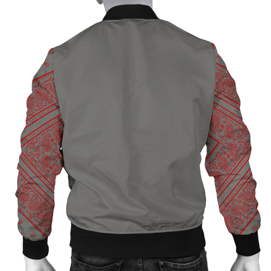 Men's Gray and Red Bandana Sleeved Bomber Jacket