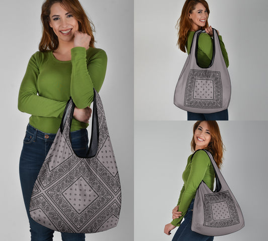 gray and black bandana shopping bags