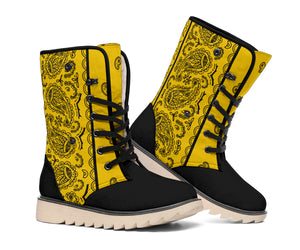 gold and black bandana snow boots