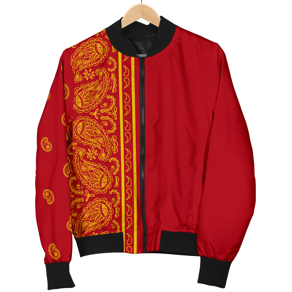 Asymmetrical Red and Gold Bandana Men's Bomber Jacket