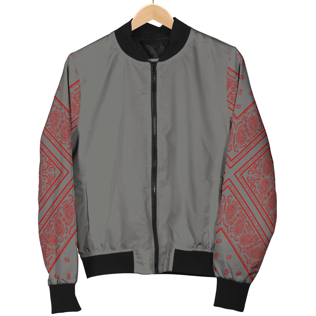 Women's Gray and Red Bandana Sleeved Bomber Jacket