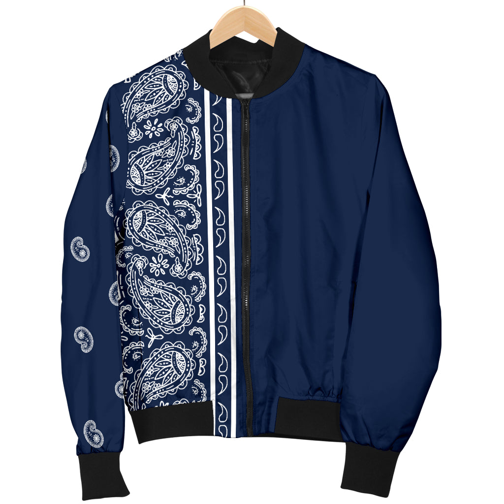 Men's Asymmetrical Navy Blue and White Bandana Bomber Jacket