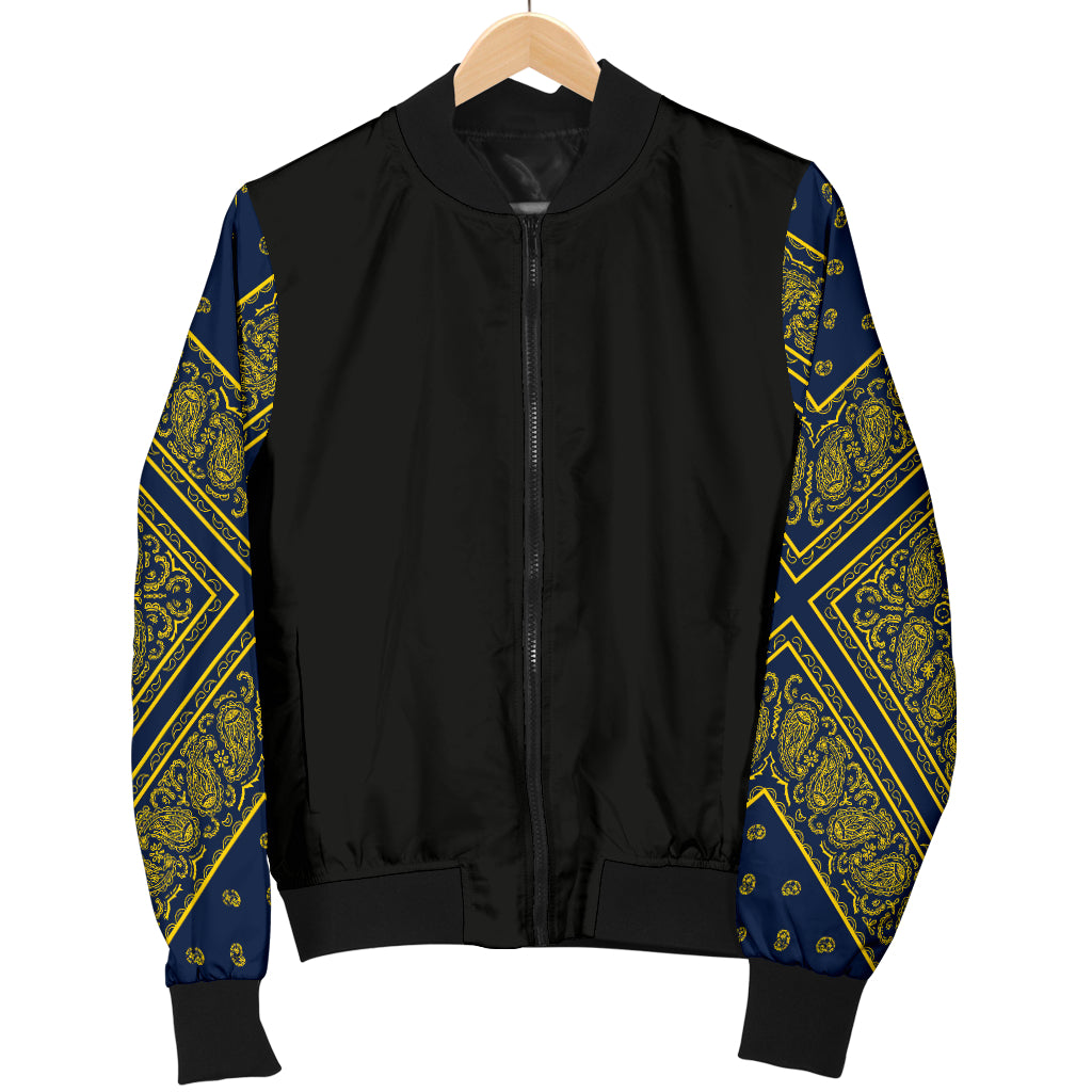 Women's Navy Blue and Gold Bandana Sleeved Bomber Jacket