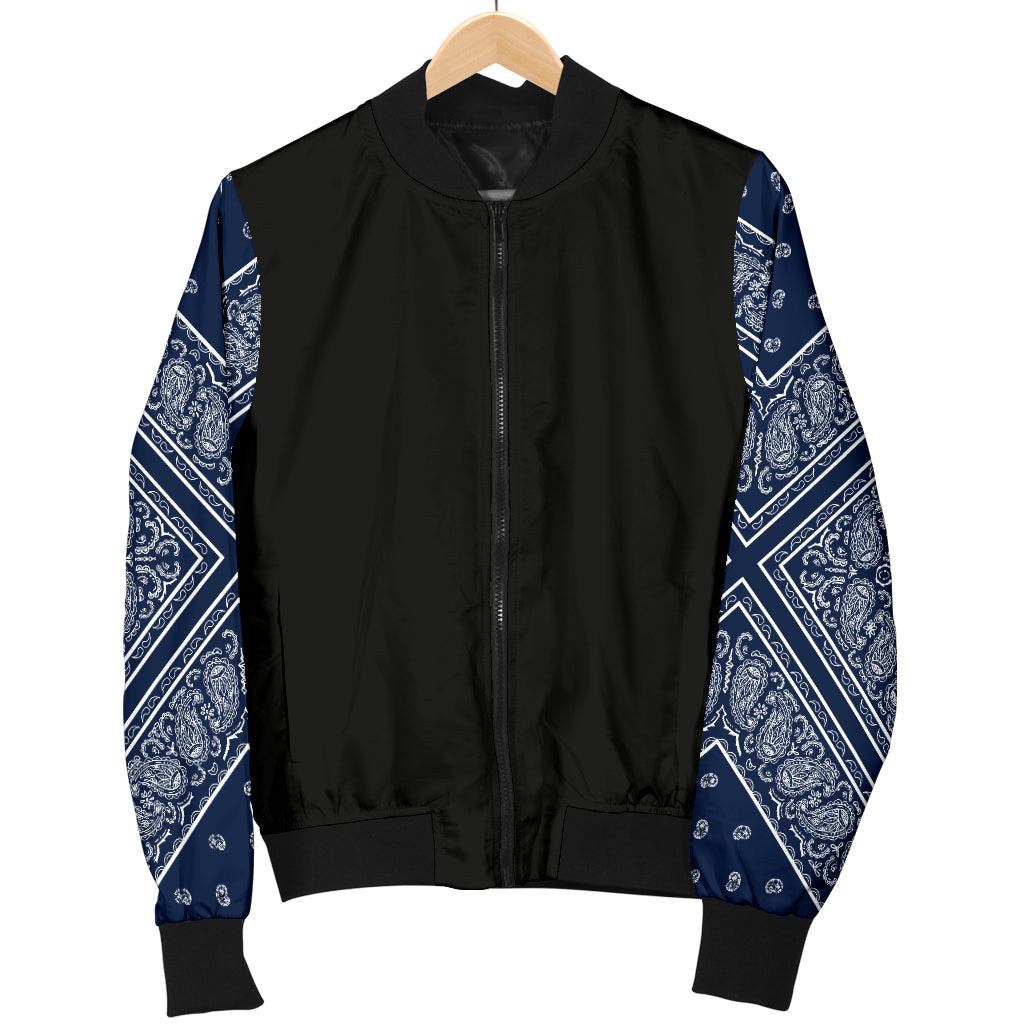 Men's Navy Blue and White Bandana Sleeved Bomber Jacket