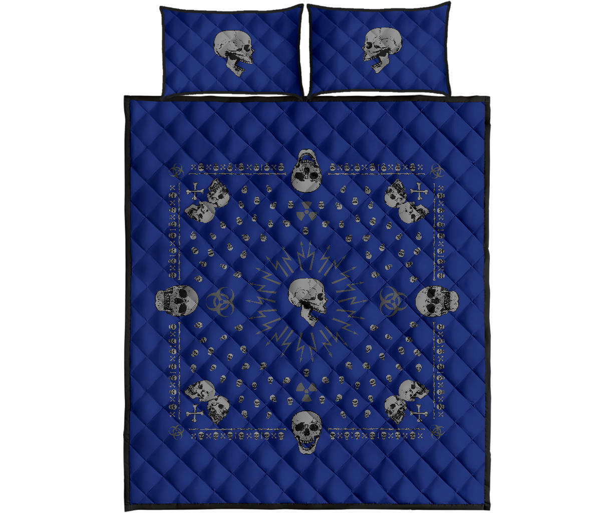 Quilt Set - Blue and Gray Hazardous Skulls Bandana Quilt w/Shams