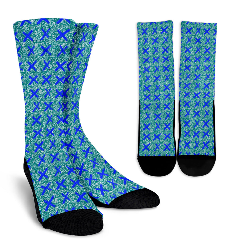 Socks - Pink with White Paisley w Blue X
