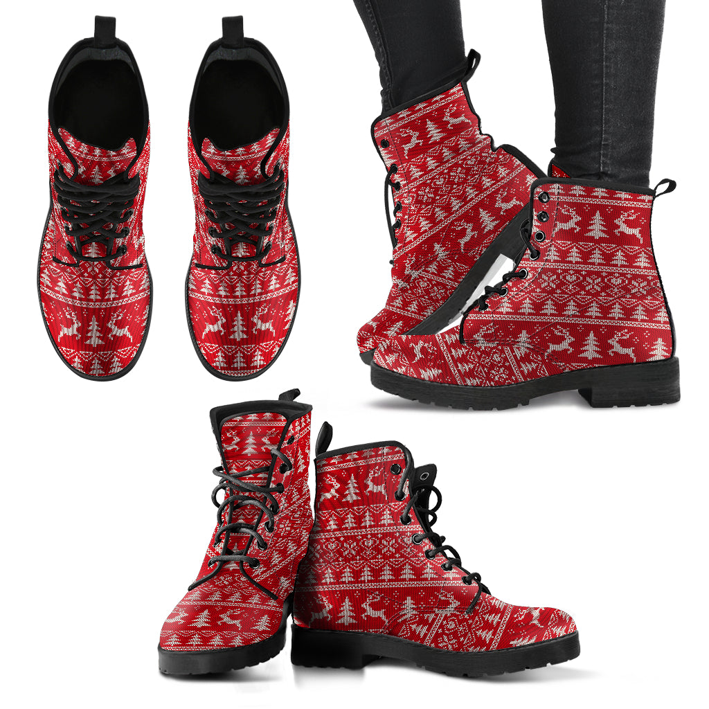 Christmas Leather Boots - Womens Red Reindeer Custom Designed Leather Boots