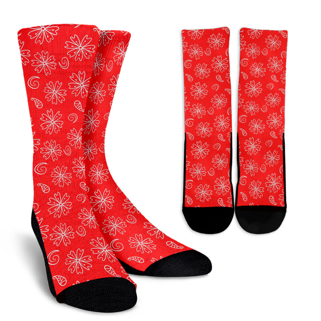 Socks - White Paisley and Flowers on Red