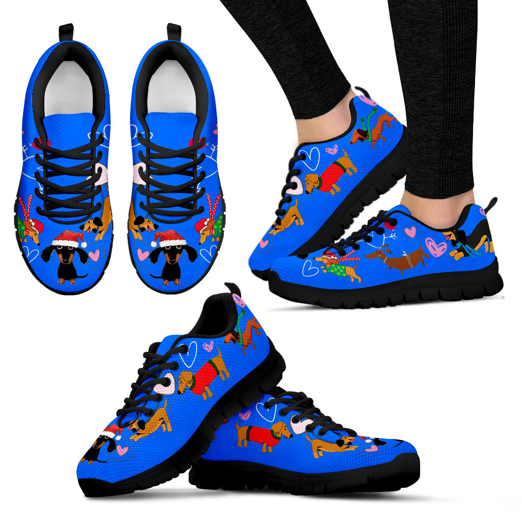Christmas LT Sneakers - Bright Blue Dachshund Women's Christmas sneakers Black Sole