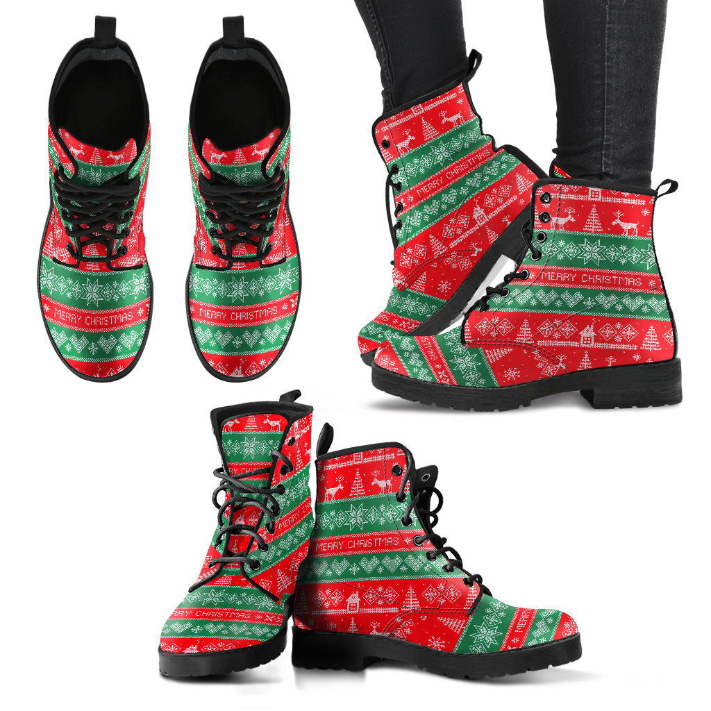 Christmas Leather Boots - Womens Red and Green Custom Designed Leather Boots