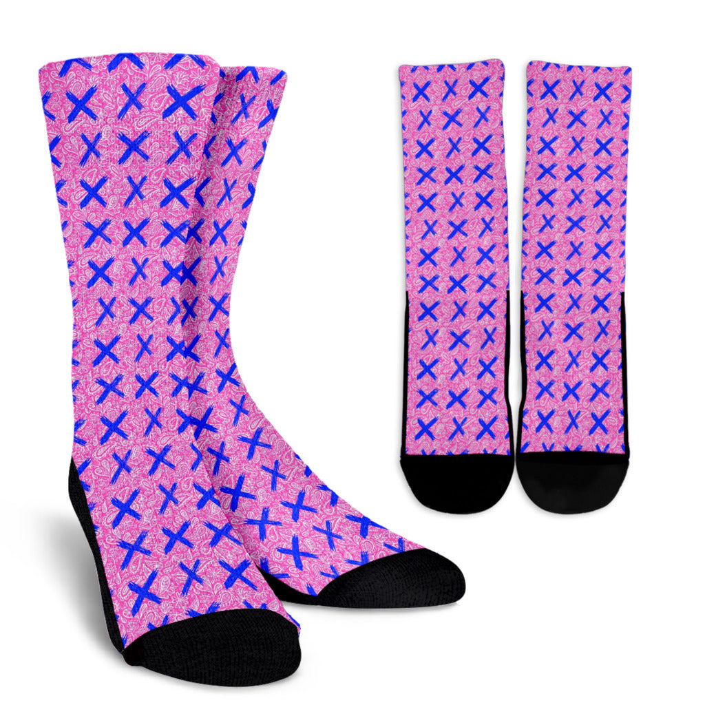 Socks - Pink with White Paisley w Blue X