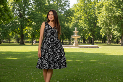 A women at the beach wearing a comfortable black and white bandana cami dress.