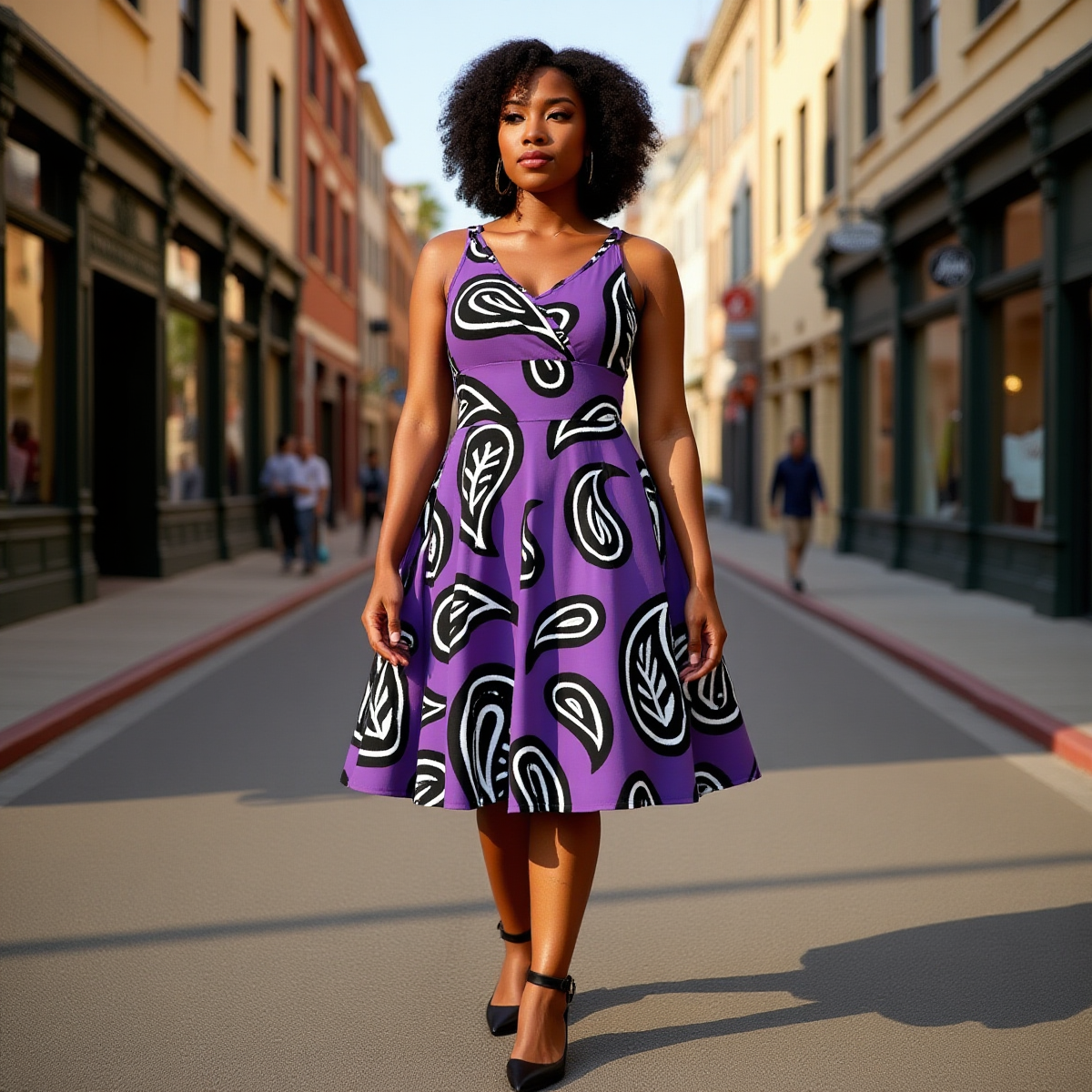 Woman in a purple dress with black and white paisley motiff walking on a city street.
