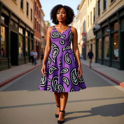 Woman in a purple dress with black and white paisley motiff walking on a city street.