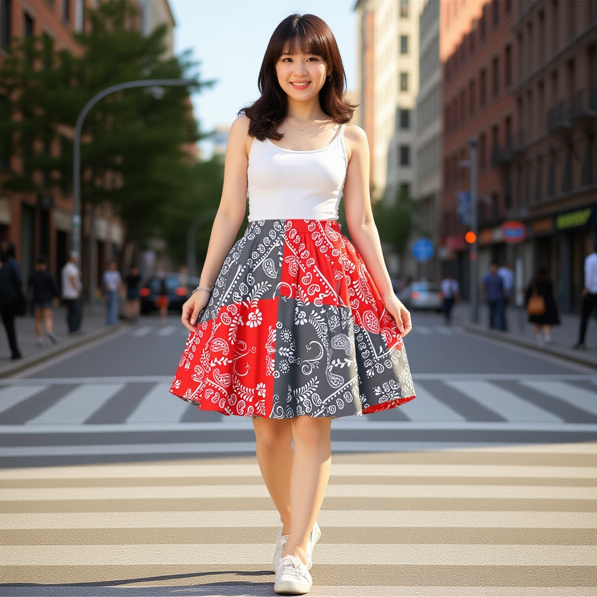 A beautiful women walking down the street in a Red and Grey Paisley motif bandana Skirt. 