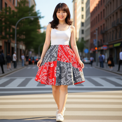 A beautiful women walking down the street in a Red and Grey Paisley motif bandana Skirt. 