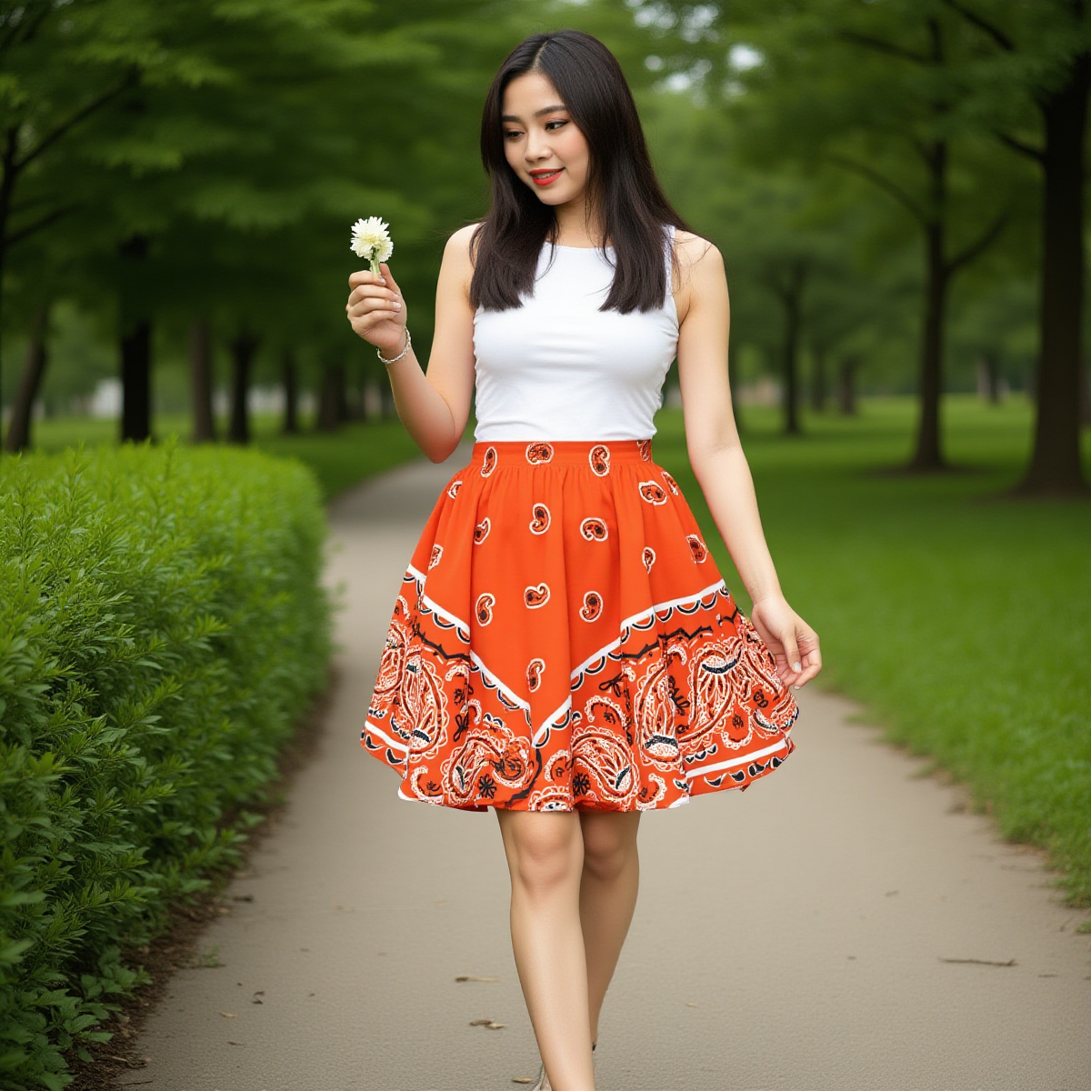 Woman in a white top and orange skirt holding a flower in a park.