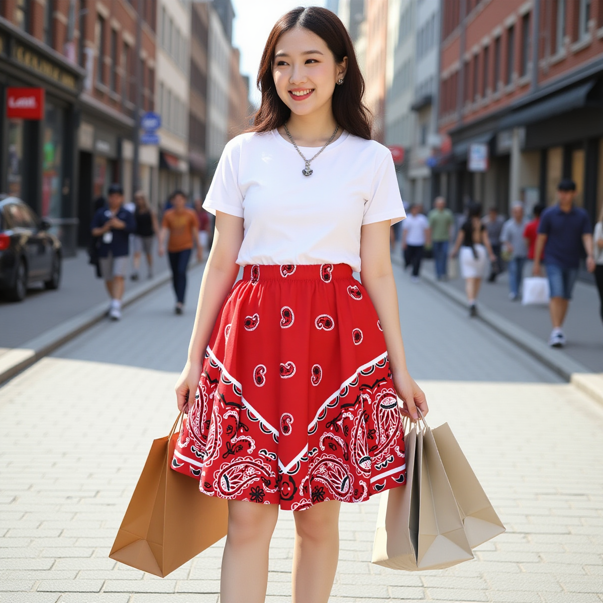 Woman in the Bandana Blanket Company Cherry Red Original Bandana skirt and white top standing on a city street holding shopping bags.