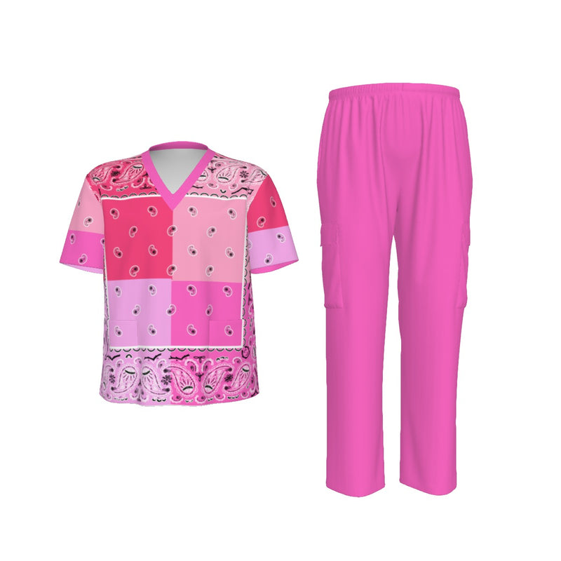 Scrubs - 4 Pink Square Bandana Scrubs w Bottoms