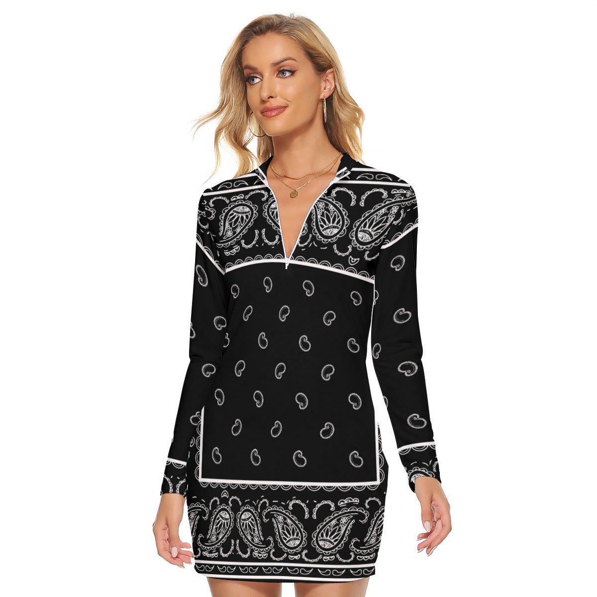 Zip Front Bandana Dress - Black