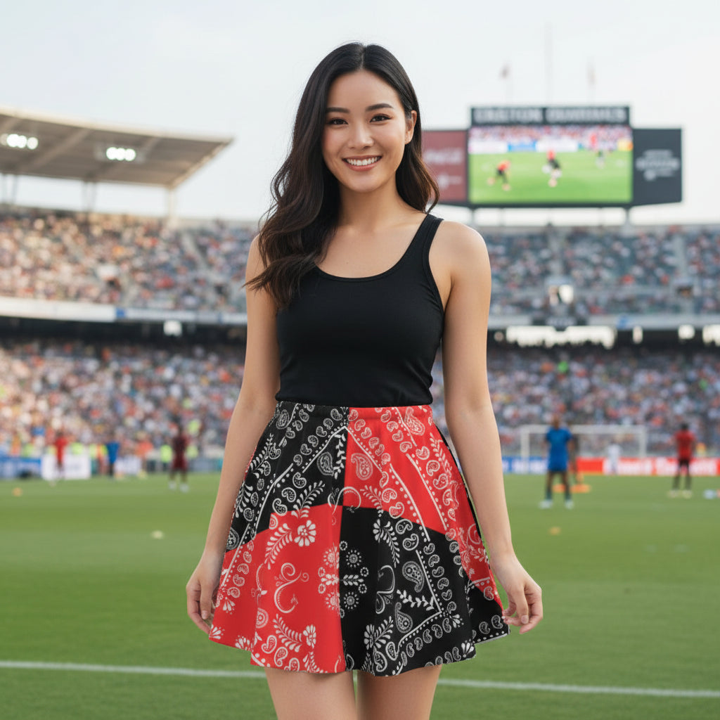 Black and Red Paisley Skirt in a soccer setting. 