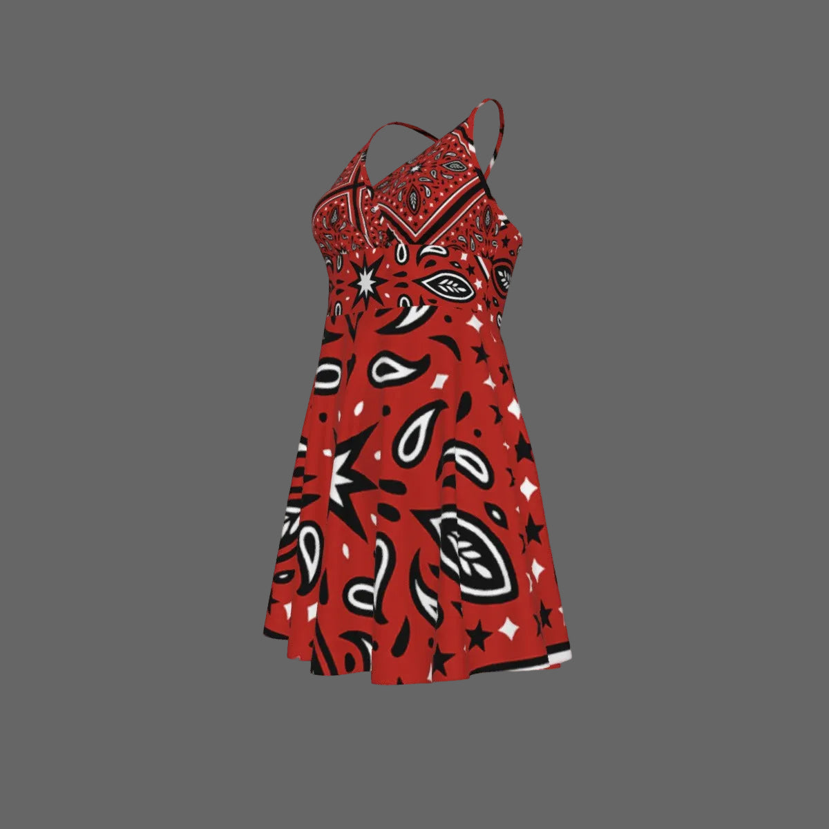 Red dress with black and white bandana pattern on a white background