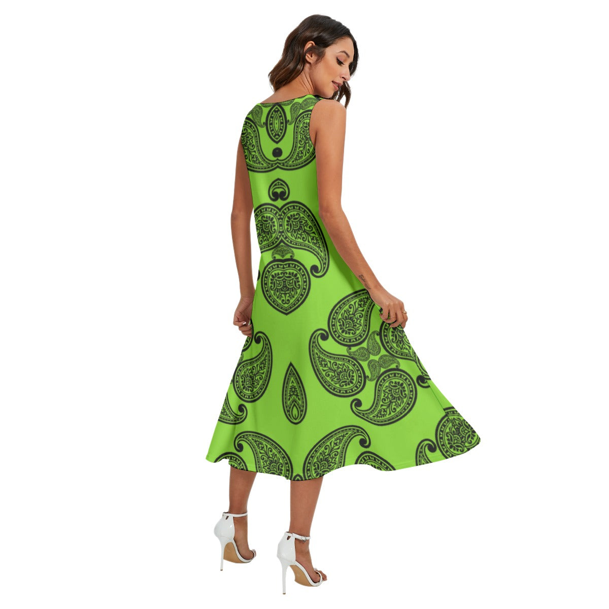 Women's Green Paisley Sleeveless Dress With Pockets