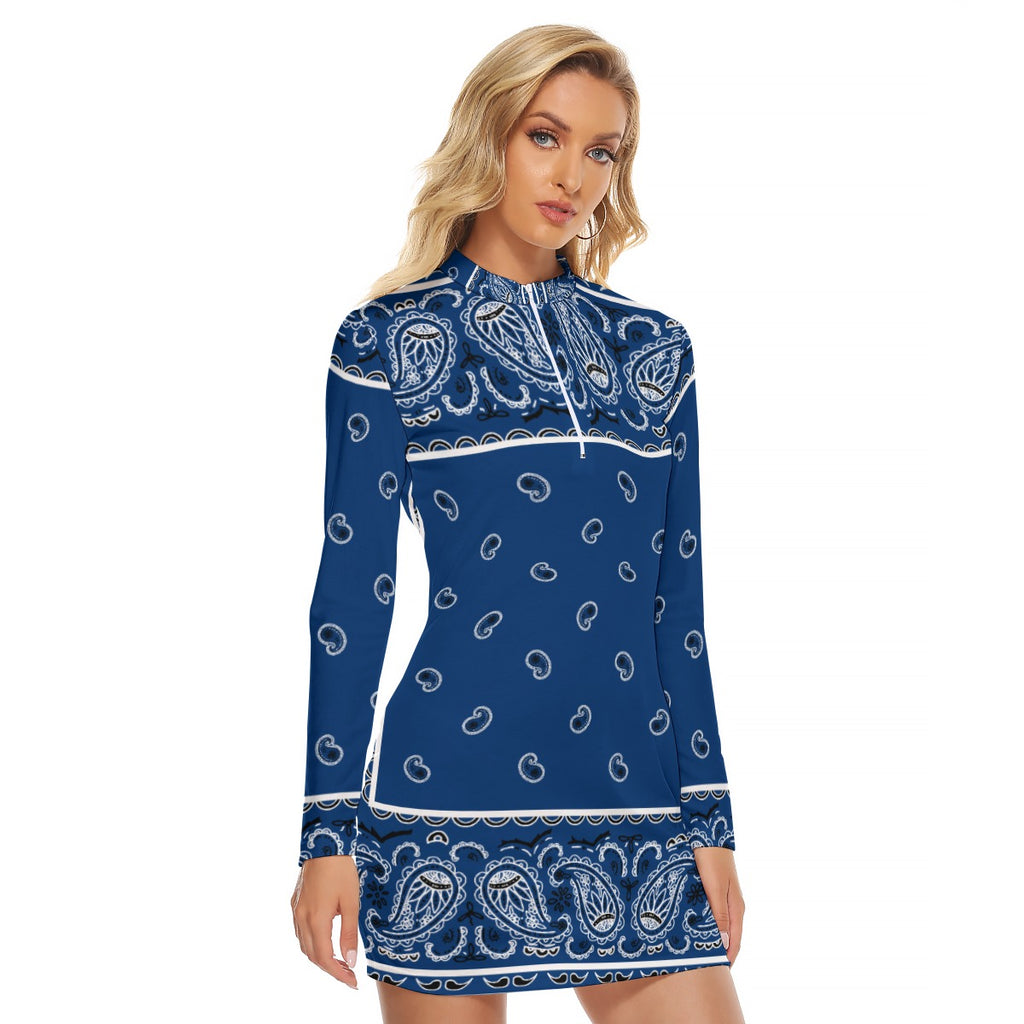 Zip Front Bandana Dress - Navy