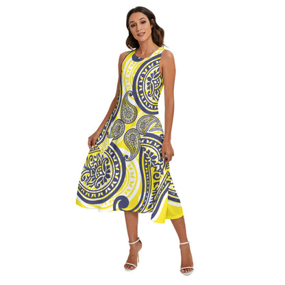 Yellow Blue Women's Dress With Pockets