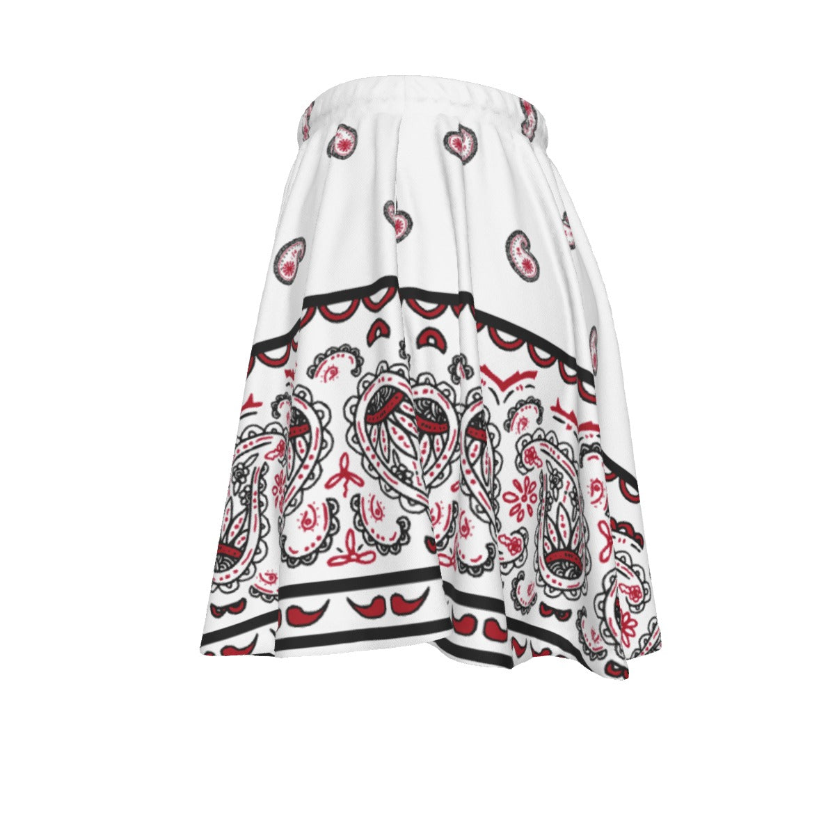 White skirt with black and red pattern on a white background
